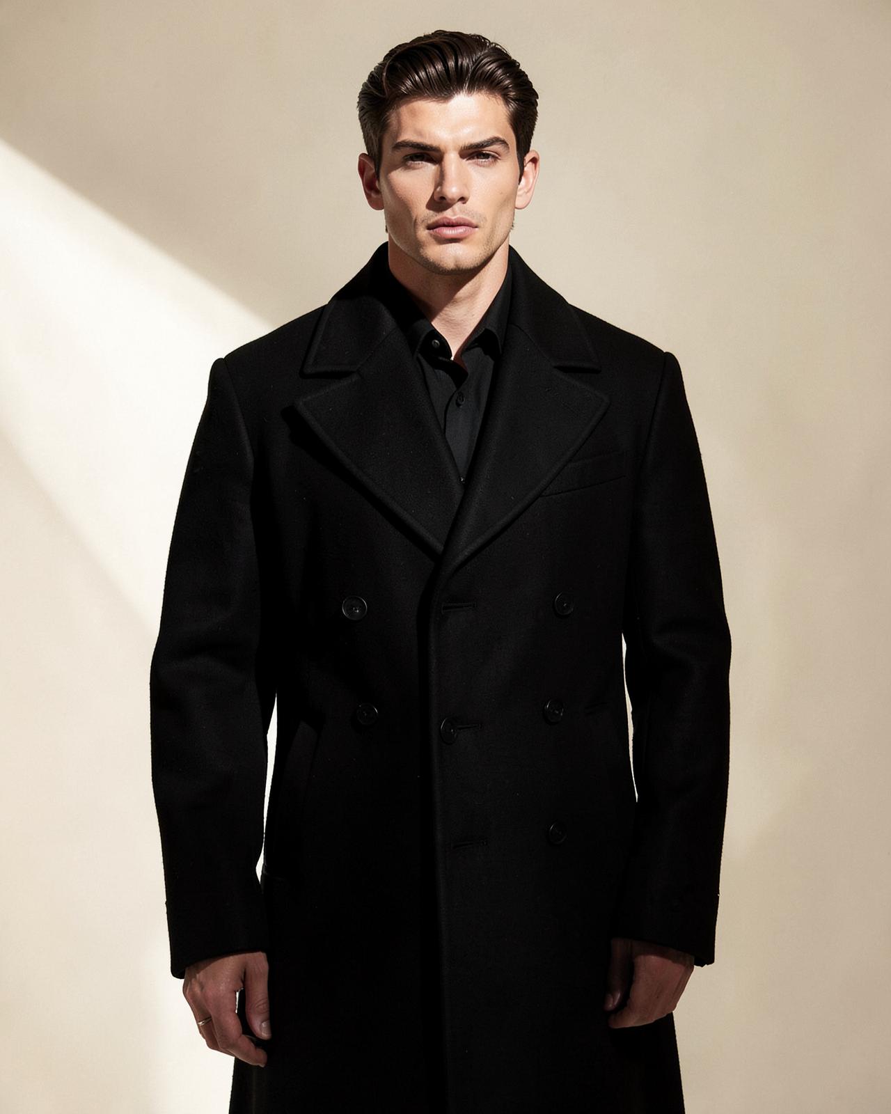 Model wearing a DODKLODIN black wool overcoat